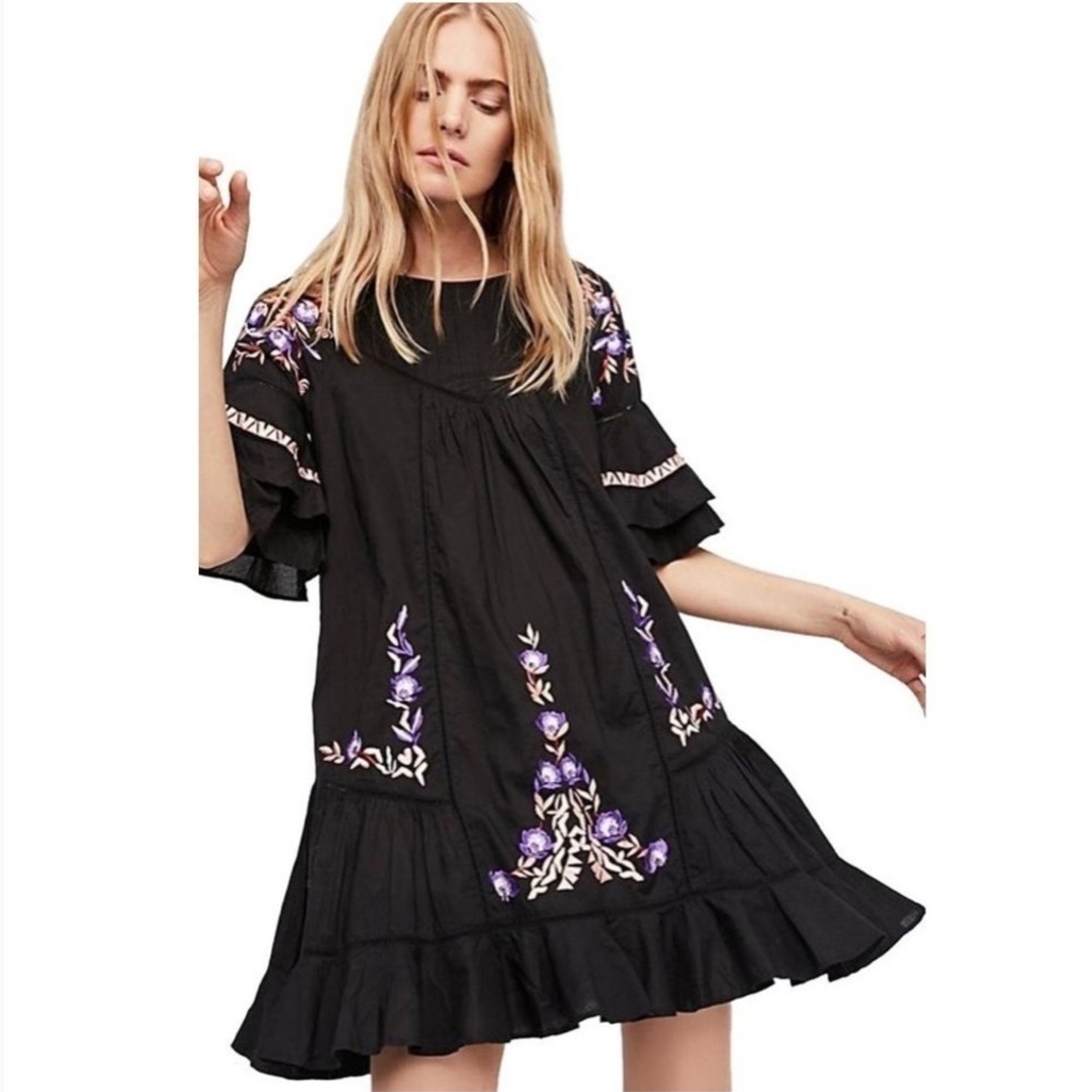 Free People Pavlo Embroidered Black Mini Dress XS